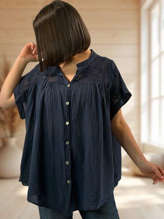 DANITA - BLOUSE MARINE EN COTON JUSQU'A LA TAILLE 54