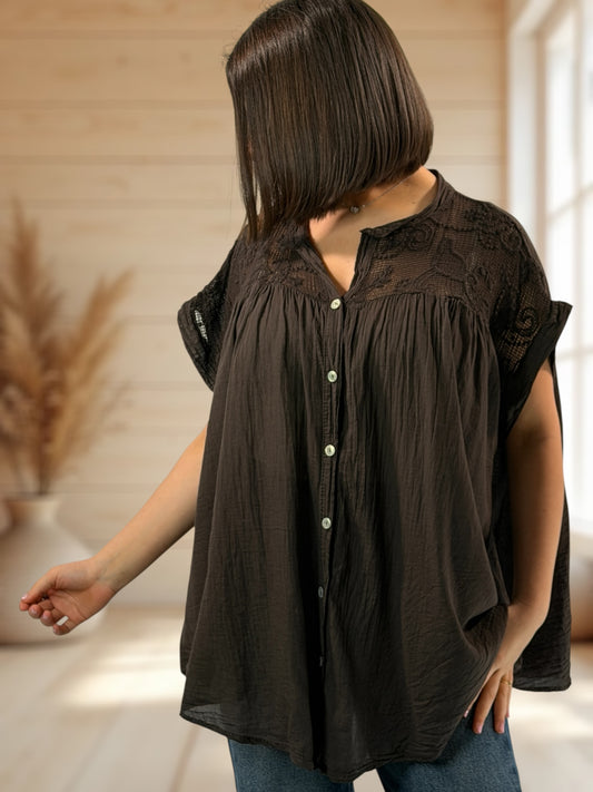 DANITA - BLOUSE MARRON EN COTON JUSQU'A LA TAILLE 54