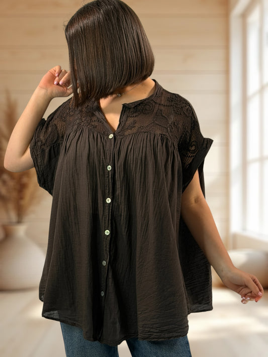 DANITA - BLOUSE MARRON EN COTON JUSQU'A LA TAILLE 54