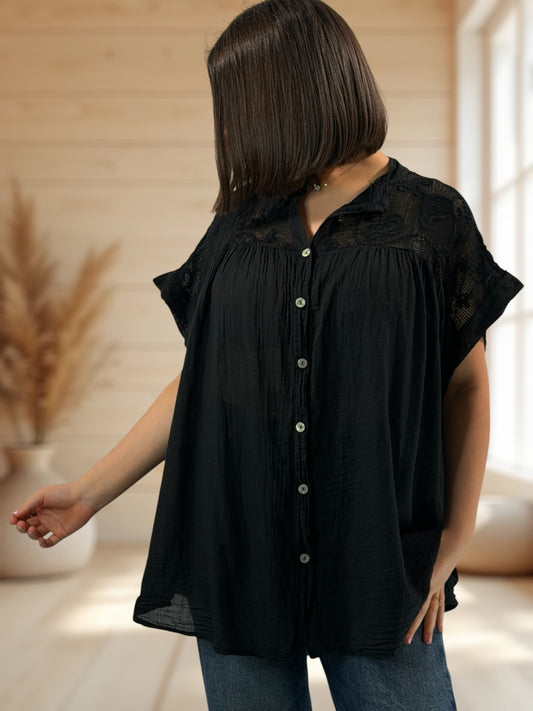 DANITA - BLOUSE NOIRE EN COTON JUSQU'A LA TAILLE 54