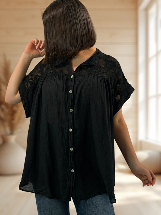 DANITA - BLOUSE NOIRE EN COTON JUSQU'A LA TAILLE 54