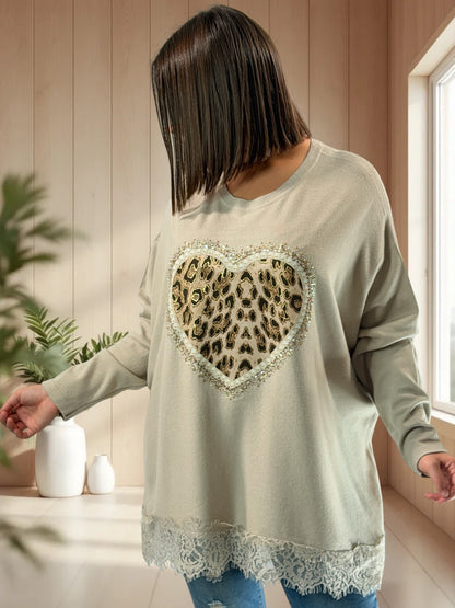 EVITA - PULL BEIGE EN MAILLE AVEC COEUR LEOPARD JUSQU'A LA TAILLE 54