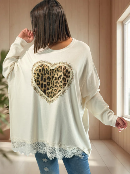 EVITA - PULL BLANC CASSE EN MAILLE AVEC COEUR LEOPARD JUSQU'A LA TAILLE 54