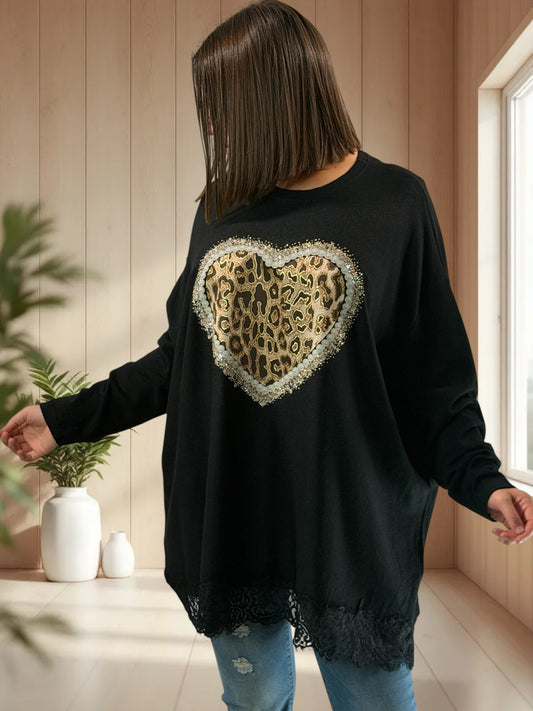 EVITA - PULL NOIR EN MAILLE AVEC COEUR LEOPARD JUSQU'A LA TAILLE 54