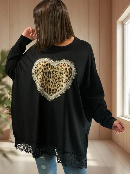 EVITA - PULL NOIR EN MAILLE AVEC COEUR LEOPARD JUSQU'A LA TAILLE 54