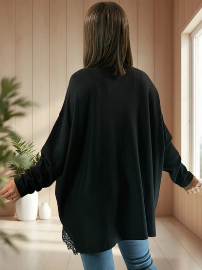 EVITA - PULL NOIR EN MAILLE AVEC COEUR LEOPARD JUSQU'A LA TAILLE 54