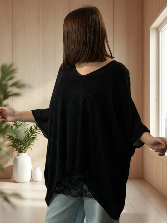 TIRAMISU - PULL NOIR SCINTILLANT EN MAILLE FLUIDE JUSQU'A LA TAILLE 56/58