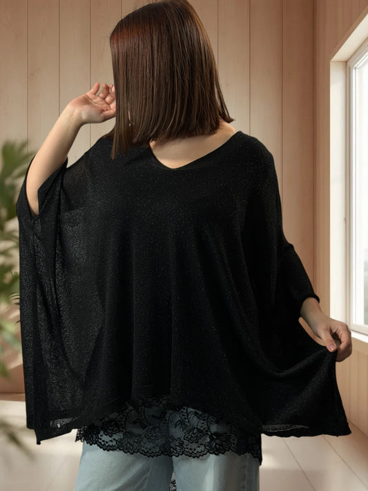 TIRAMISU - PULL NOIR SCINTILLANT EN MAILLE FLUIDE JUSQU'A LA TAILLE 56/58