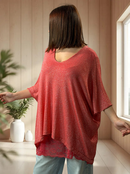 TIRAMISU - PULL CORAIL SCINTILLANT EN MAILLE FLUIDE JUSQU'A LA TAILLE 56/58