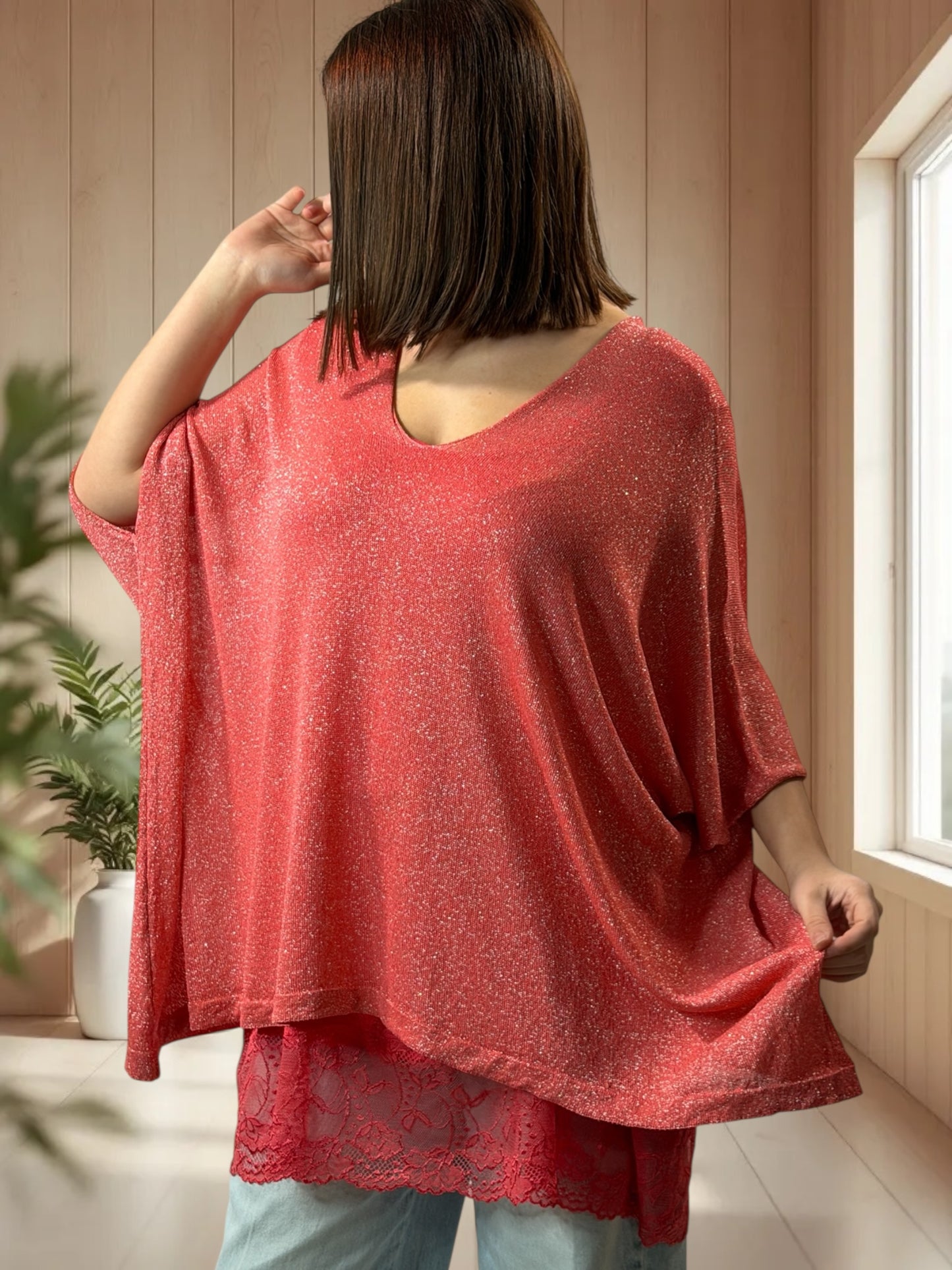 TIRAMISU - PULL CORAIL SCINTILLANT EN MAILLE FLUIDE JUSQU'A LA TAILLE 56/58