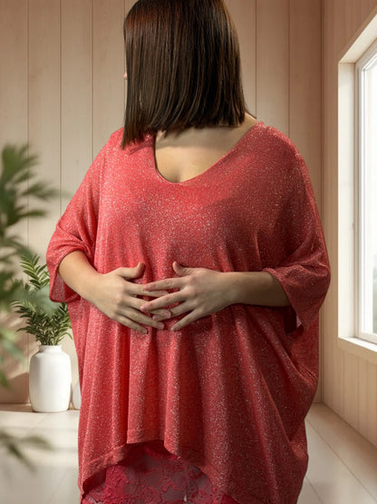 TIRAMISU - PULL CORAIL SCINTILLANT EN MAILLE FLUIDE JUSQU'A LA TAILLE 56/58