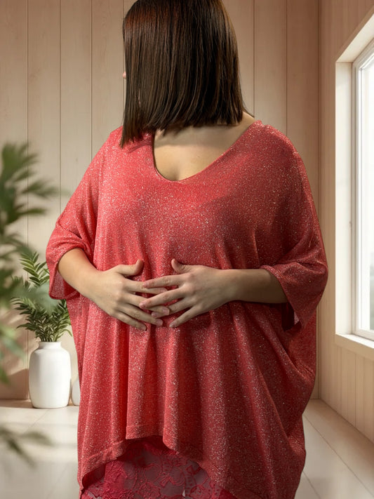 TIRAMISU - PULL CORAIL SCINTILLANT EN MAILLE FLUIDE JUSQU'A LA TAILLE 56/58