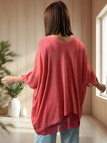 TIRAMISU - PULL CORAIL SCINTILLANT EN MAILLE FLUIDE JUSQU'A LA TAILLE 56/58