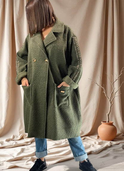 CLARICE - MANTEAU KAKI A BOUCLETTE JUSQU'A LA TAILLE 48/50 A 56