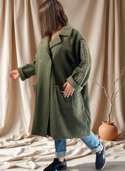 CLARICE - MANTEAU KAKI A BOUCLETTE JUSQU'A LA TAILLE 48/50 A 56