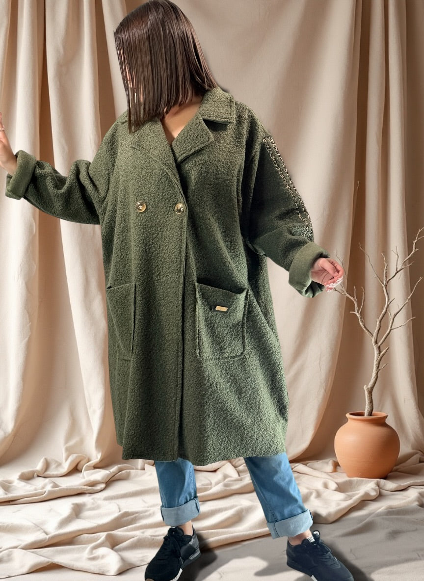 CLARICE - MANTEAU KAKI A BOUCLETTE JUSQU'A LA TAILLE 48/50 A 56