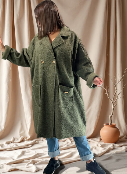 CLARICE - MANTEAU KAKI A BOUCLETTE JUSQU'A LA TAILLE 48/50 A 56