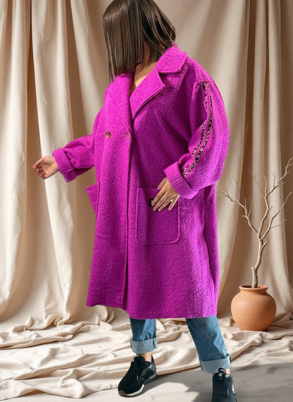 CLARICE - MANTEAU CYCLAMEN A BOUCLETTE JUSQU'A LA TAILLE 48/50 A 56