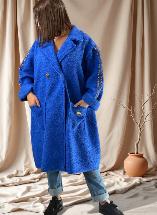 CLARICE - MANTEAU BLEU A BOUCLETTE JUSQU'A LA TAILLE 48/50 A 56
