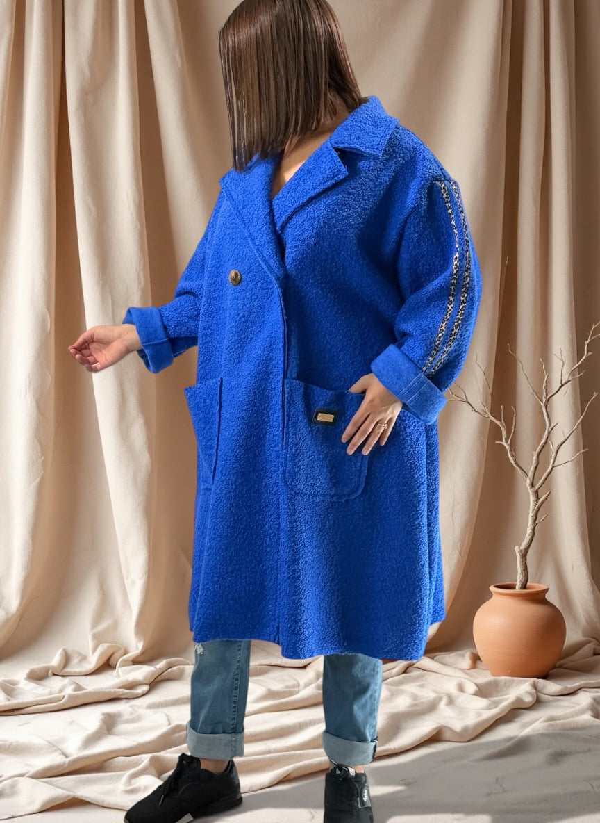 CLARICE - MANTEAU BLEU A BOUCLETTE JUSQU'A LA TAILLE 48/50 A 56