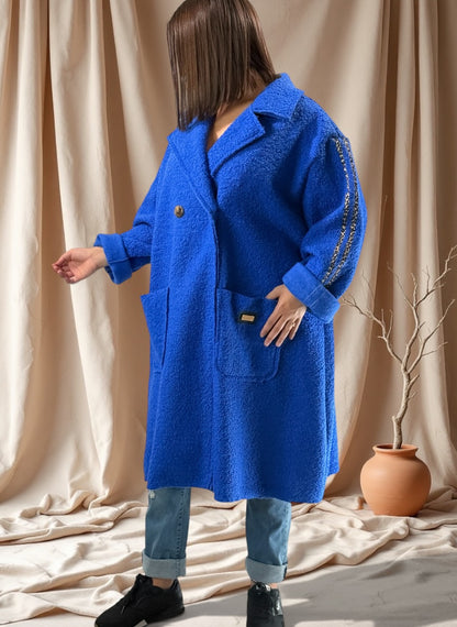 CLARICE - MANTEAU BLEU A BOUCLETTE JUSQU'A LA TAILLE 48/50 A 56