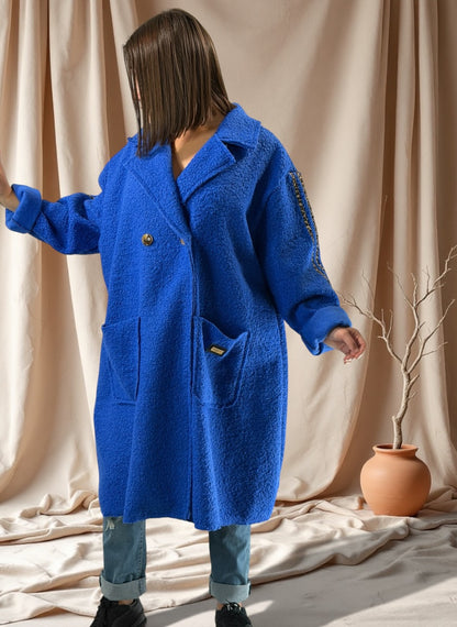 CLARICE - MANTEAU BLEU A BOUCLETTE JUSQU'A LA TAILLE 48/50 A 56