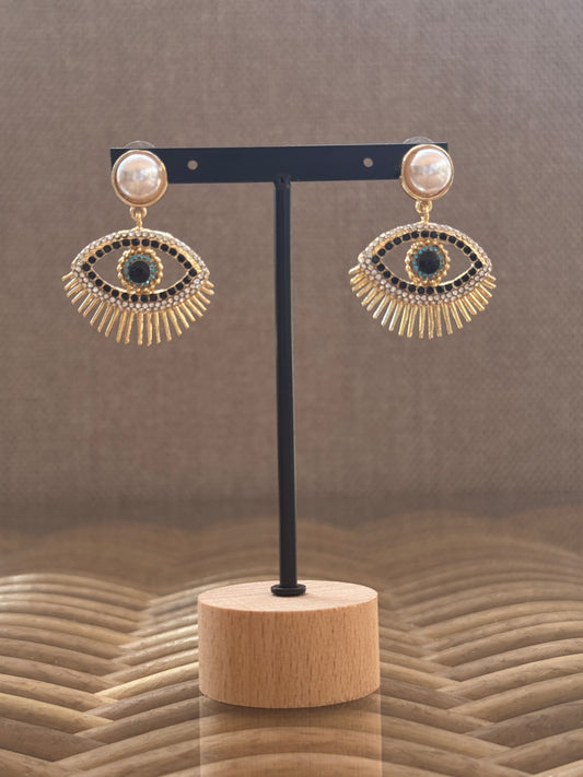 SANTORIN - BOUCLES D'OREILLES OEIL PERLES ET STRASS