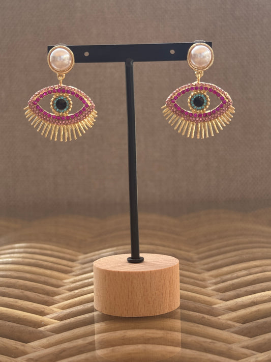 SANTORIN - BOUCLES D'OREILLES OEIL PERLES ET STRASS