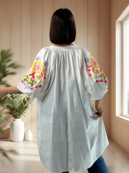MADO - TUNIQUE BLANCHE OVERSIZE MANCHES BRODEES JUSQU'A LA TAILLE 56