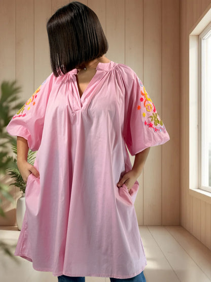 MADO - TUNIQUE ROSE OVERSIZE MANCHES BRODEES JUSQU'A LA TAILLE 56