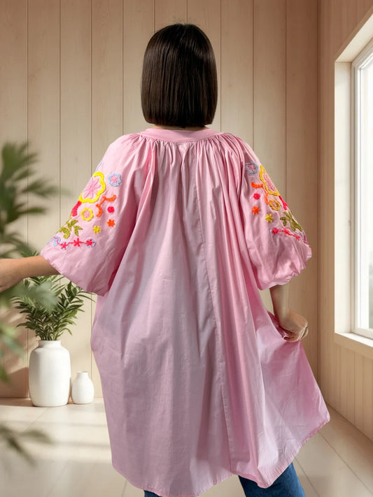 MADO - TUNIQUE ROSE OVERSIZE MANCHES BRODEES JUSQU'A LA TAILLE 56