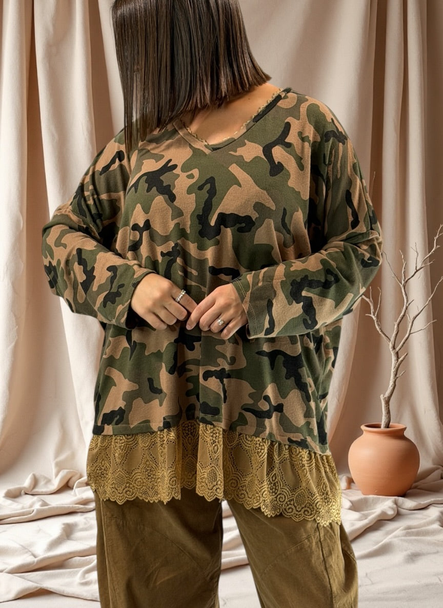 CARACAS - PULL EN MAILLE CAMOUFLAGE CAMEL JUSQU'A LA TAILLE 54