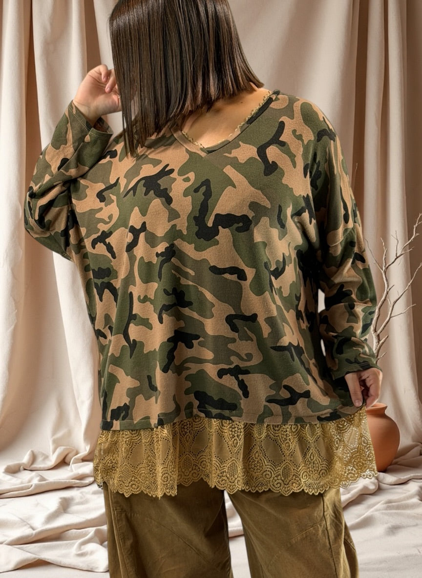CARACAS - PULL EN MAILLE CAMOUFLAGE CAMEL JUSQU'A LA TAILLE 54