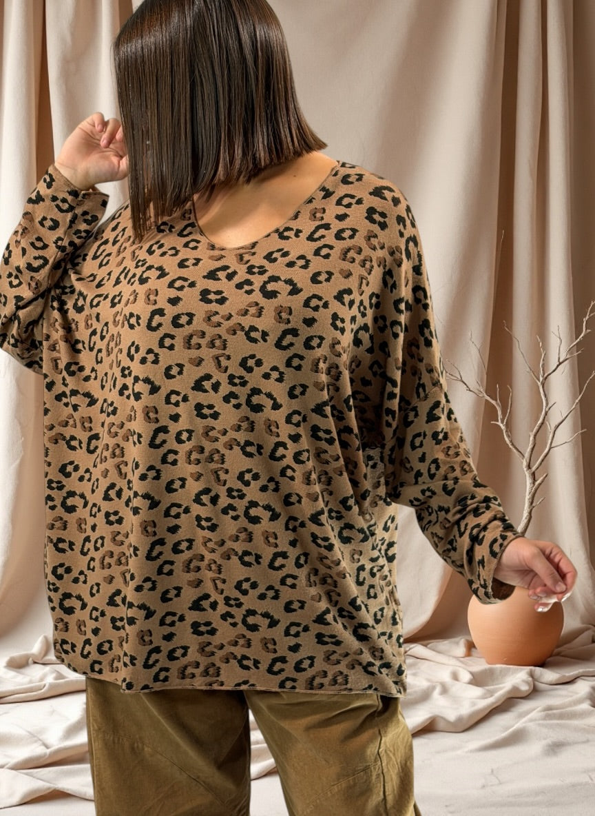 MADDY - PULL EN MAILLE LEOPARD CAMEL JUSQU'A LA TAILLE 56