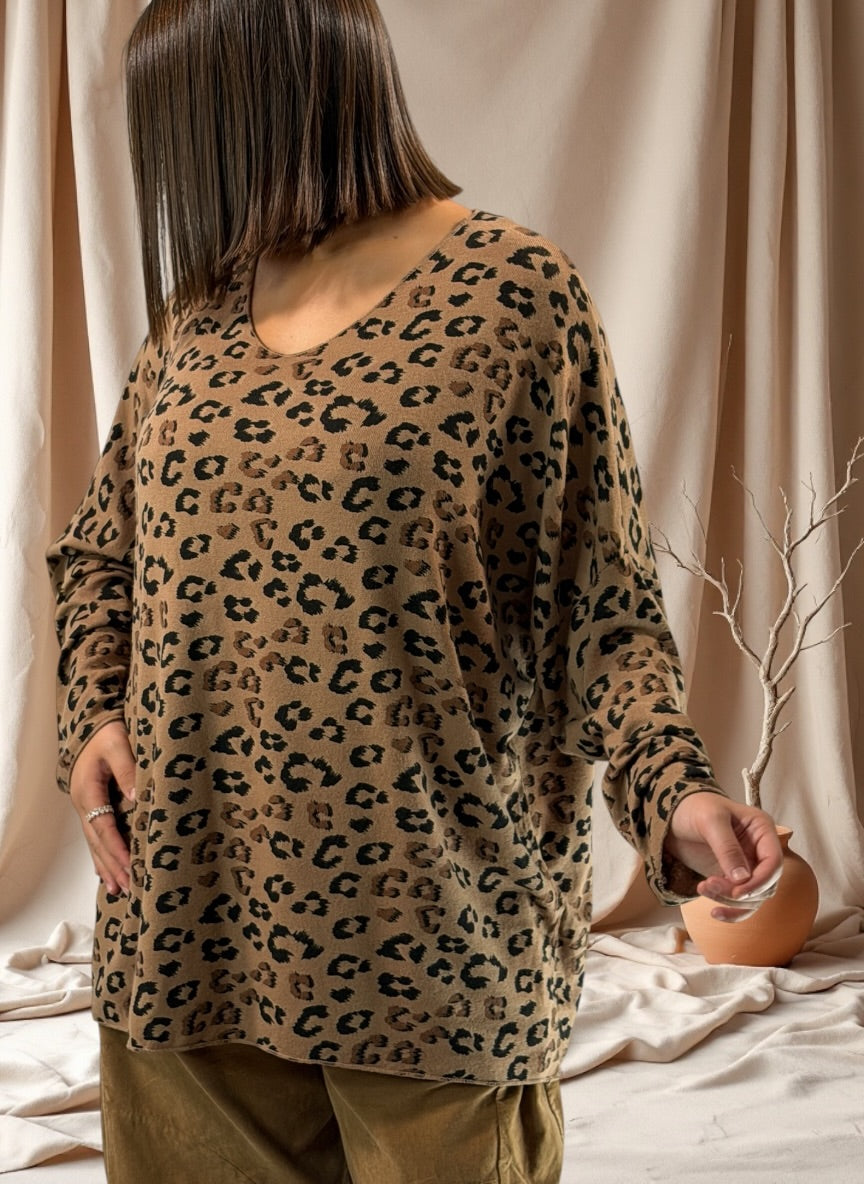 MADDY - PULL EN MAILLE LEOPARD CAMEL JUSQU'A LA TAILLE 56