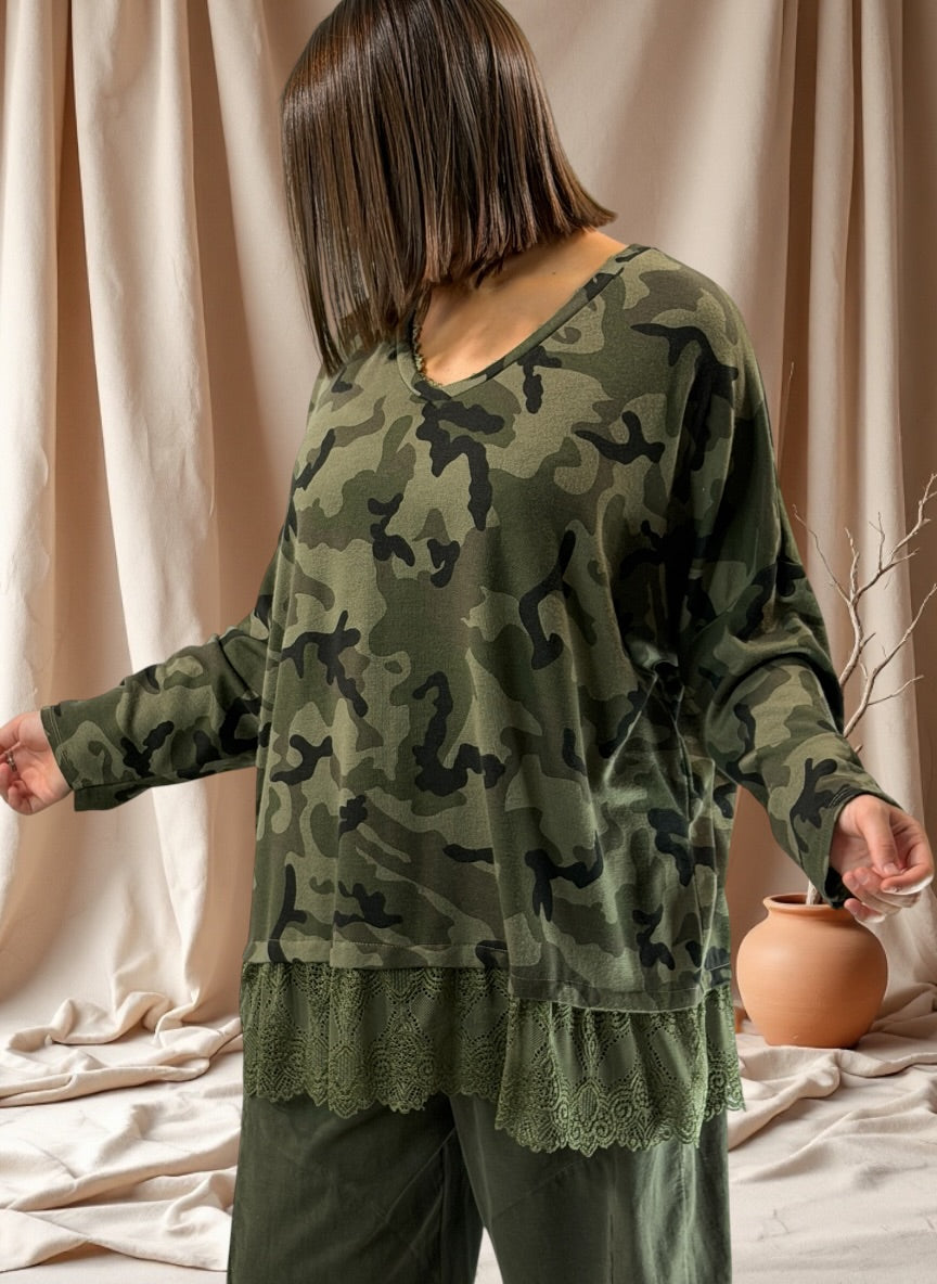 CARACAS - PULL EN MAILLE CAMOUFLAGE KAKI JUSQU'A LA TAILLE 54