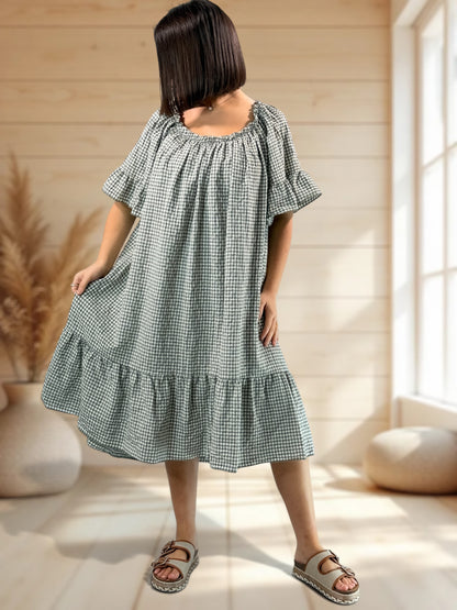 MARGARET - ROBE VICHY KAKI JUSQU'A LA TAILLE 56