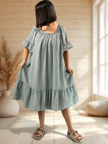 MARGARET - ROBE VICHY KAKI JUSQU'A LA TAILLE 56