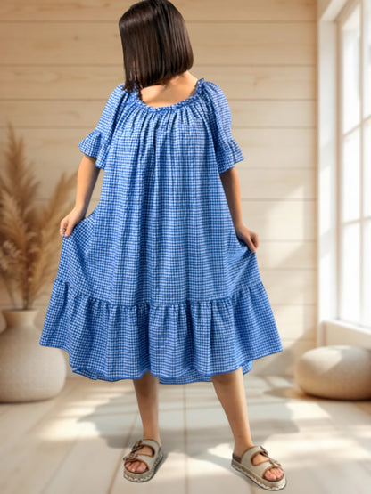 MARGARET - ROBE VICHY BLEUE JUSQU'A LA TAILLE 56