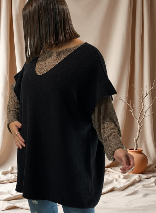 MATHIAS - PULL OVERSIZE NOIR SANS MANCHES JUSQU'A LA TAILLE 54