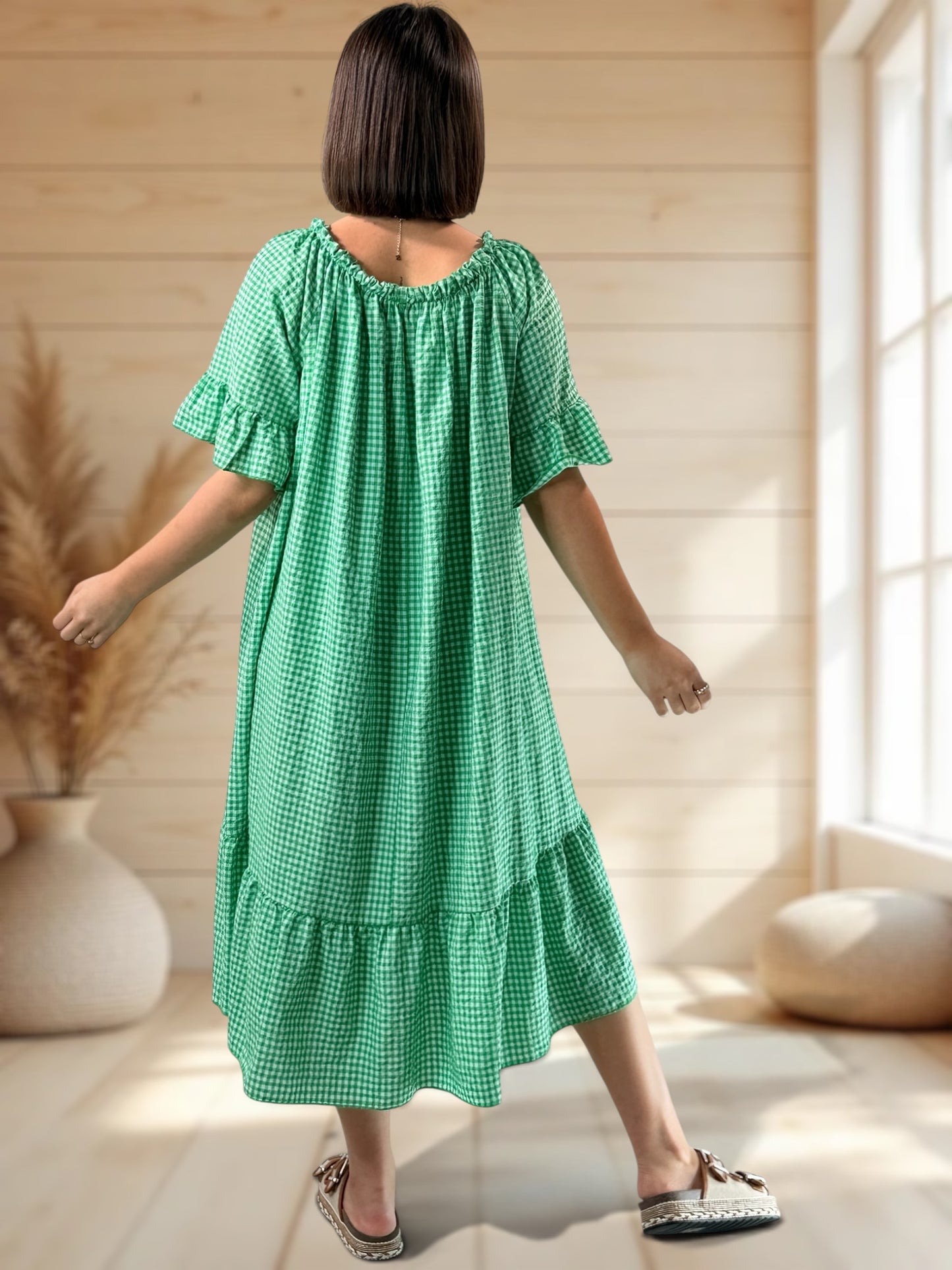MARGARET - ROBE VICHY VERTE JUSQU'A LA TAILLE 56