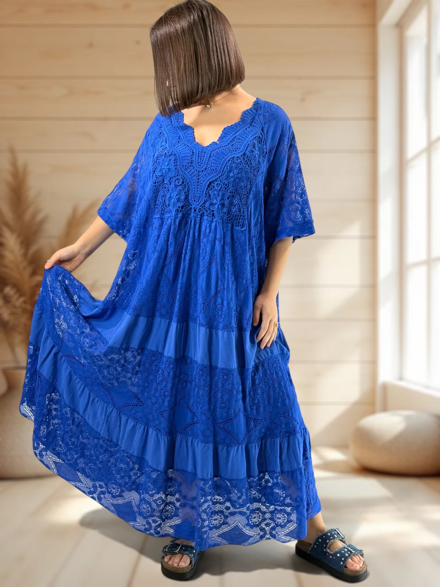 LINDA - ROBE LONGUE BLEUE IMPERIAL EN DENTELLE JUSQU'A LA TAILLE 56