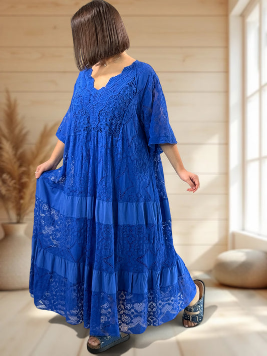 LINDA - ROBE LONGUE BLEUE IMPERIAL EN DENTELLE JUSQU'A LA TAILLE 56