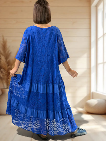 LINDA - ROBE LONGUE BLEUE IMPERIAL EN DENTELLE JUSQU'A LA TAILLE 56