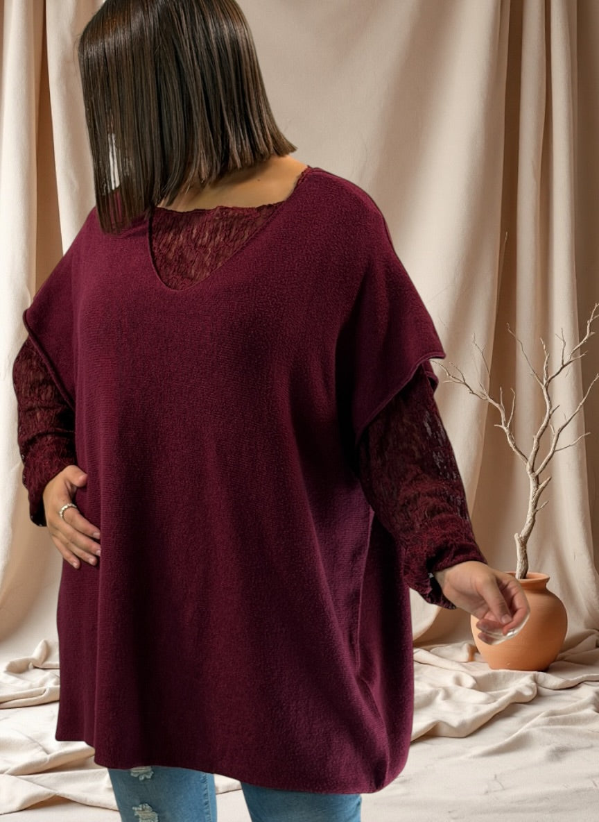 MATHIAS - PULL OVERSIZE BORDEAUX SANS MANCHES JUSQU'A LA TAILLE 54