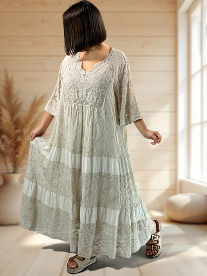 LINDA - ROBE LONGUE BEIGE EN DENTELLE JUSQU'A LA TAILLE 56
