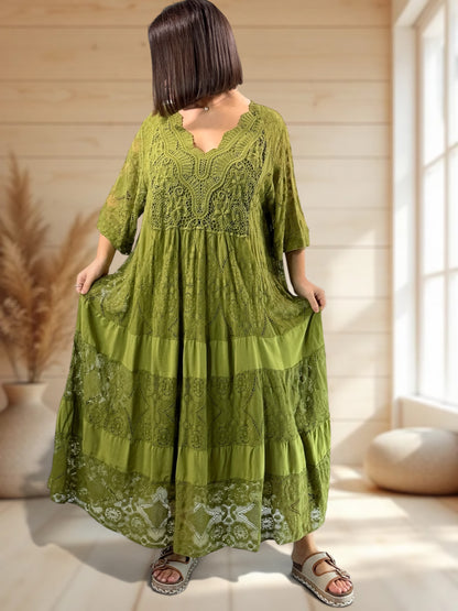 LINDA - ROBE LONGUE VERTE EN DENTELLE JUSQU'A LA TAILLE 56