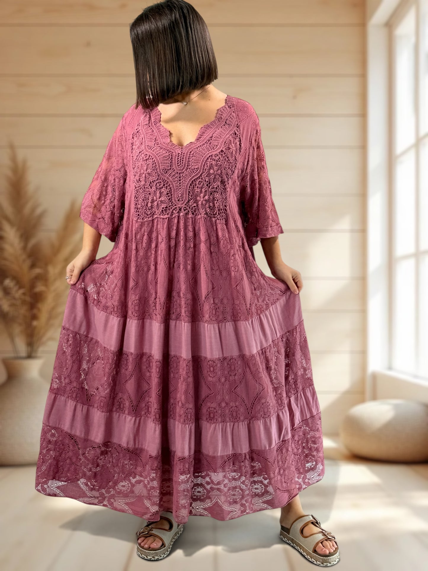 LINDA - ROBE LONGUE VIEUX ROSE EN DENTELLE JUSQU'A LA TAILLE 56