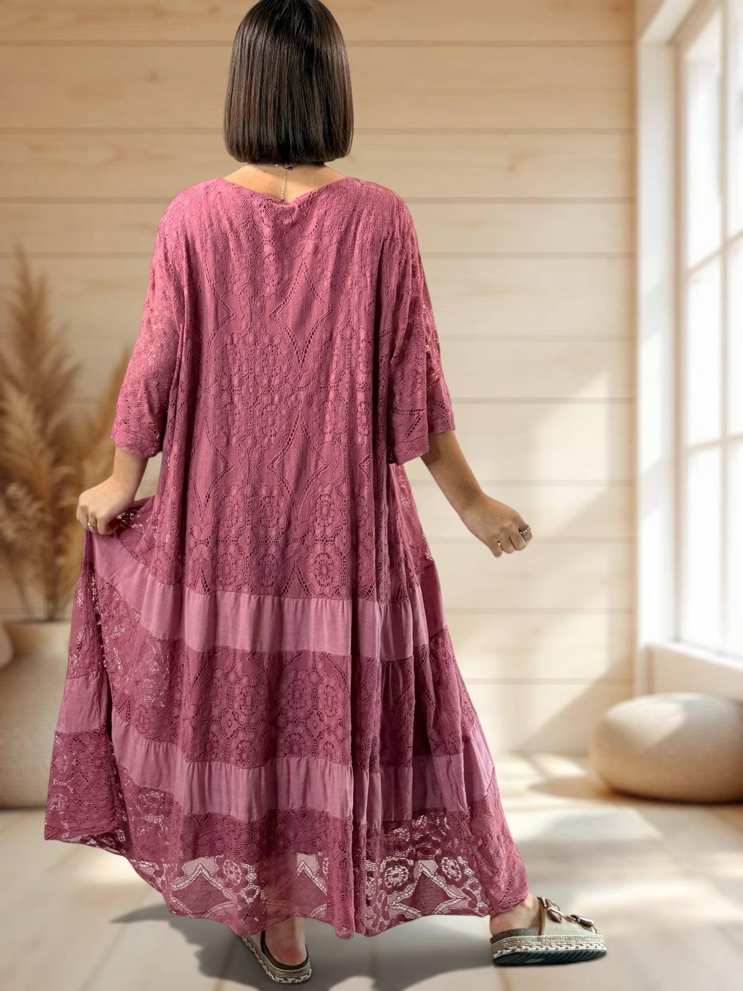 LINDA - ROBE LONGUE VIEUX ROSE EN DENTELLE JUSQU'A LA TAILLE 56