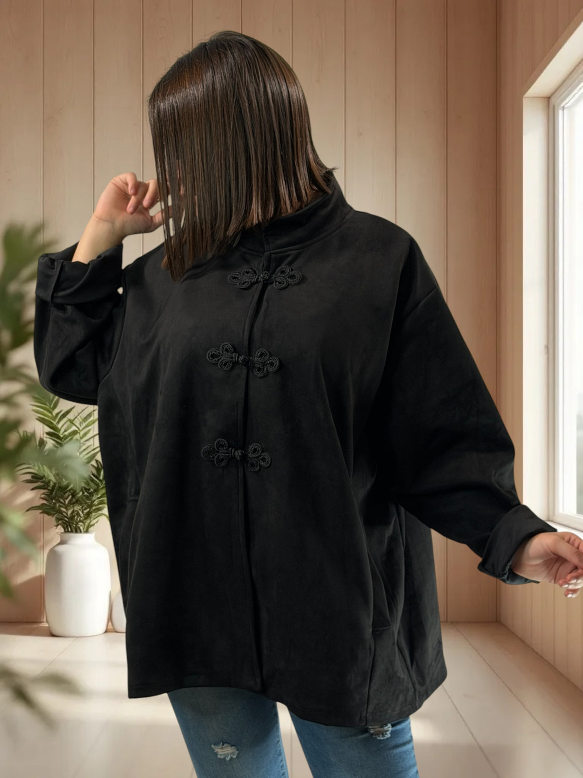 DONATELLA - VESTE NOIRE EFFET DAIM JUSQU'A LA TAILLE 52/54